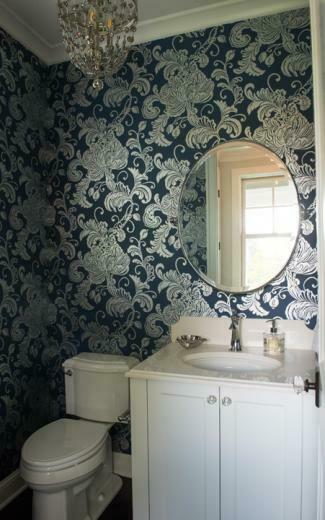Blue And Silver Metallic Foil Powder Room Wallpaper