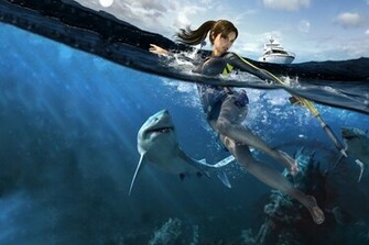 Tomb Raider Underworld Lara Croft Yacht Water Shark Wallpaper