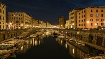 Wallpaper Tuscany Italy Livorno Canal Pier Boats Night
