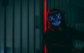 Wallpaper Mask Hood Neon Anonymous Glow 4k