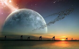 Planet Stars Asteroids Bridge Alien Landscape Wallpaper