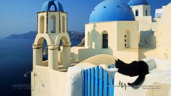 Black Cat And Blue Domed Church Oia Village Santorini Island