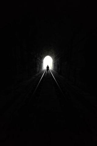 Grayscale Photo Of Tunnel With Light Beijing Image On