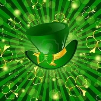 St Patrick Day Theme Hat With Bow Over Green Background Shamrocks