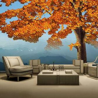 8d Mural Mapel Leaf Tree Mountain 3d Nature Wallpaper Background