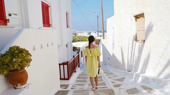 Beautiful Woman Outdoors In Old Streets An Mykonos Girl At Street