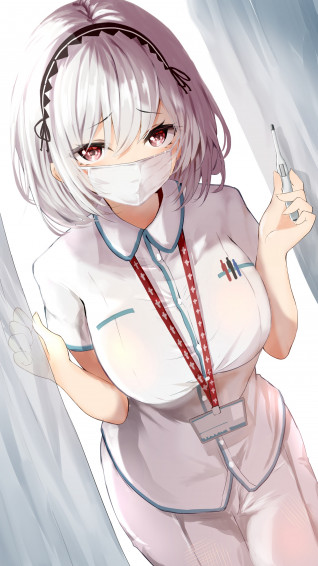 Anime Girls White Hair Mask Nurses Nurse Outfit Purple Eyes