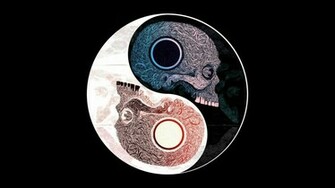Skulls Yin Yang Symbol Pattern Art On Black Background
