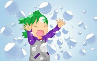 Yotsuba Bubbles Green Hair Open Mouth Closed Eyes Simple