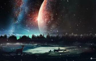 Wallpaper Forest Night Lake Planet Deer Desktopography
