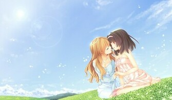 Anime Girls Red Eyes Yuri Skies Original Characters Flowers