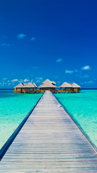 Beach Sea Hut Wooden Bridge Scenery 4k Wallpaper