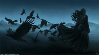 Dark Horror Gothic Women Raven Poe Birds Art Mood Wallpaper Background