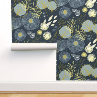 Peel Stick Wallpaper Swatch Spring Floral Navy Black Drawing