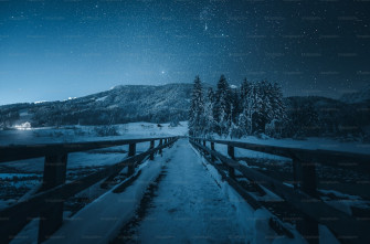 A Snowy Path Leading To Mountain At Night Photo Snow Trees