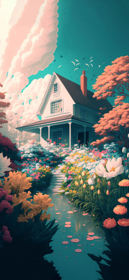 Spring Flowers Garden House Wallpaper