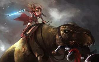 Girl Riding Dinosaur Fighting Knight HD Wallpaper X00 Widescreen