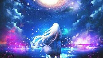 Anime White Hair Girls Night Sky Stars Colorful