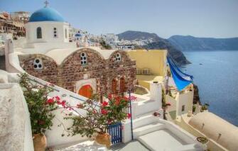 Wallpaper Sea The Sky Flowers Mountains House Santorini