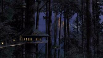 Fantasy Light Tree House Night Bridge Forest