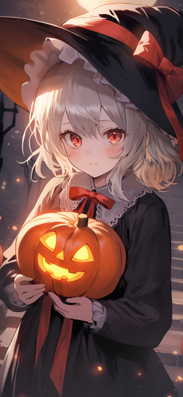 Cute Anime Girl With Jack O Lantern Halloween Wallpaper iPhone