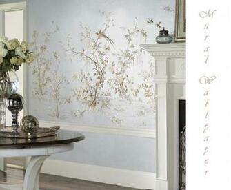 Mural Wallpaper Chinoiserie Light Blue Birds Flowers Thelennoxx