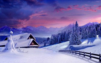 Landscape Winter Snow Mountain Trees Sky Cabin Wallpaper HD