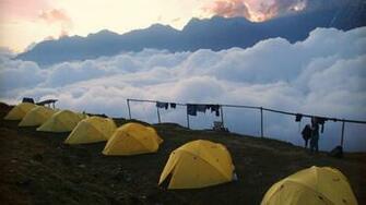 Mountains Clouds Tents Camping Wallpaper