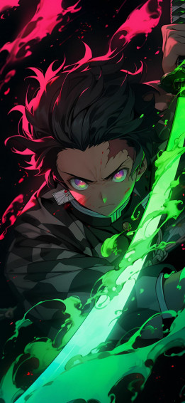 Tanjiro With Green Neon Anime Wallpaper Demon Slayer