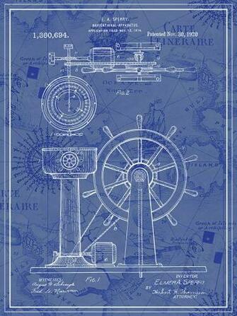 Ship Navigation Blue Patent Print With Vintage Map Background
