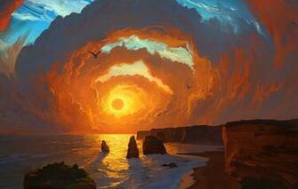 Wallpaper Landscape Sky Sea Coast Sunset Art Clouds Birds