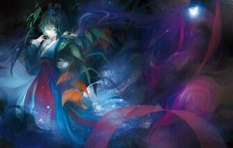 Wallpaper Leaves Girl Night Butterfly Shine Kimono Art