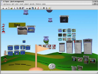 A Topos Workspace With Terrain As Background And Documents