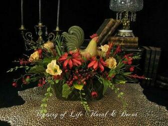 French Country Rooster Red And Cream Floral By Tapestryoflife