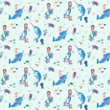 Narwhals And Mermaids By Albany Light Teal Wallpaper