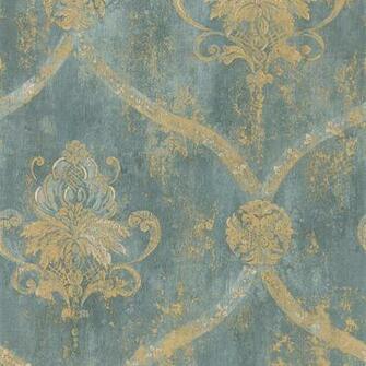 Wallpaper French Faux Aqua Blue Large Damask With Gold