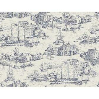 York Wallcoverings At4135 Blue Book Scenic Nautical Toile Wallpaper