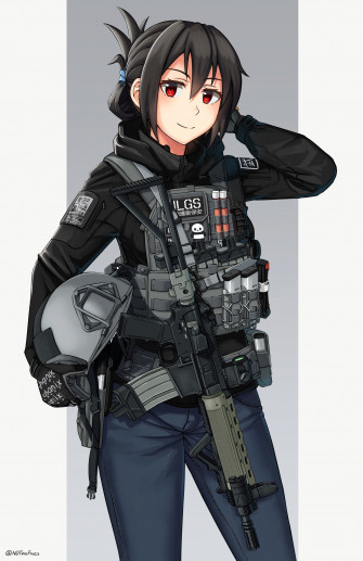 Helmet Black Hair Red Eyes Gun Anime Girls With Guns