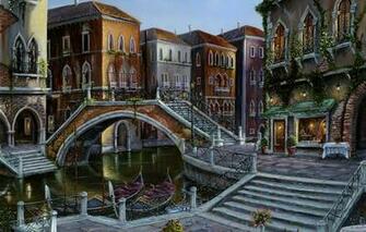 Wallpaper Flowers Bridge Table Italy Ladder Venice Channel