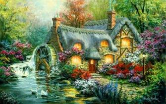 Cottage Plants Watermill Geese Wallpaper