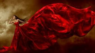 Wallpaper Beautiful Red Dress Girl Jewelry Long Hair Curls Art