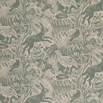 Harvest Hare Fabric In Dawn Grey On Oatmeal Linen Designed By Mark