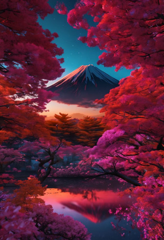 An Image Of A Mountain That Is In The Sky With Trees And Flowers Around It Wallpaper