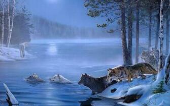 Art Paintings Wolf Wolves Landscapes Trees Forest Lakes