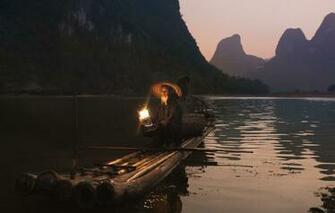 Wallpaper Light Mountains Reflection River Lamp Fisherman