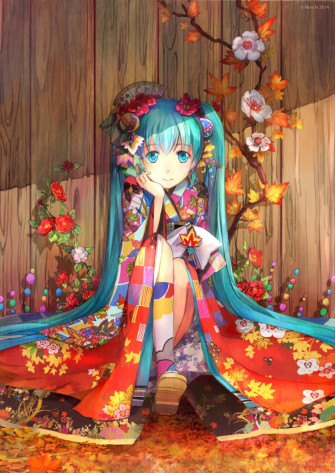 Vocaloid Hatsune Miku Flowers Petals Traditional Clothing Anime Girls Kimono HD Wallpaper