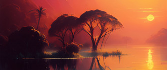 Wallpaper Trees River Rocks Sunset Art Dual Wide