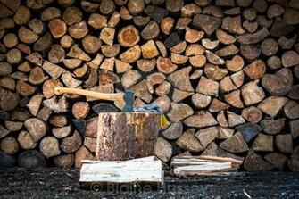 Axe With Work Gloves Split Wood Kindling A Stacked