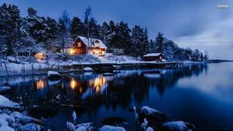 Lakeside Winter Cabin Wallpaper Coffee Books Sit Relax Read