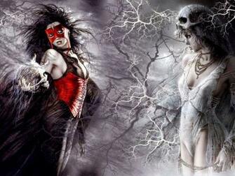 Art Fantasy Dark Mood Good Evil Women Skull Sexy Babes Wallpaper